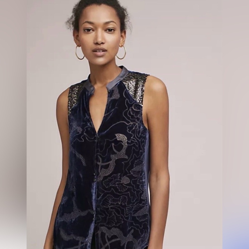 Anthropologie TINY Velvet Ileana Sequin Tank Womens Med Navy Blue Burnout Top
